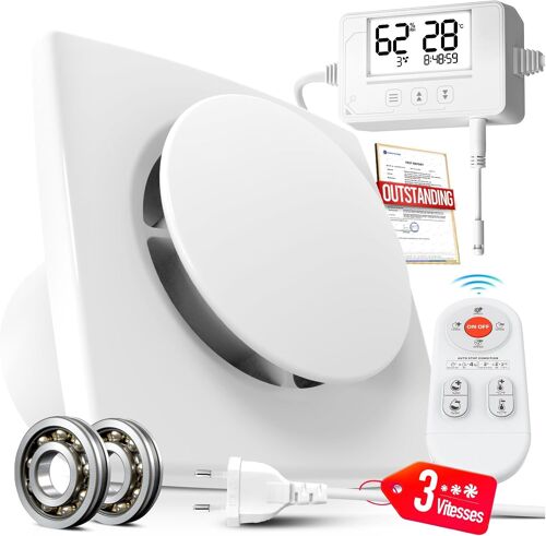 JEXNOVASHOP-100mm Ventilateur Extracteur d¿Air Hygroréglable Thermostatique, Minuterie, VMC Salle de Bain avec Télécommande, Affichage Température Humidité, 3 Vitesses Silencieux Puissant Ventilation