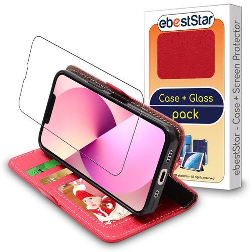 Ebeststar - Coque + Film Vitre En Verre Trempé Iphone 13 Etui Portefeuille Pu Cuir Porte-Cartes, Rouge [Dimensions Precises Smartphone : 146.7 X 71.5 X 7.65 Mm, Écran 6.1''] [Nb: Lire Description]