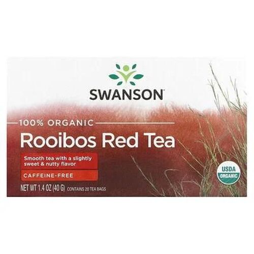 Swanson, Thé Rouge Rooibos 100 % Biologique, Sans Caféine, 20 Sachets De Thé, 40 G