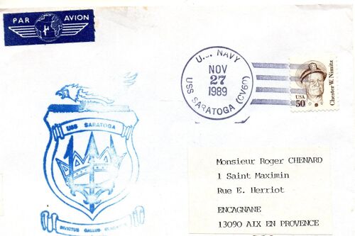Enveloppe -Theme Armeee - Comportant Obliteration Du 27/11/1989 - Uss Navy - Cachet Uss Saragota - Avec Timbre Usa 50  Chesterw. Nimitz