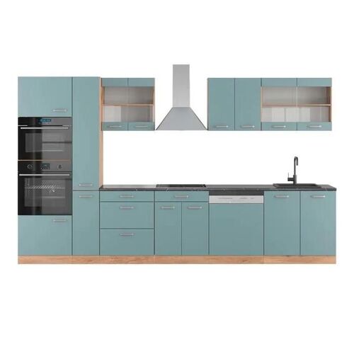 Cuisine R-Line, 350 Cm Avec Armoire Haute, Pt Anthracite, Bleu-Gris/Chêne Doré, Vicco