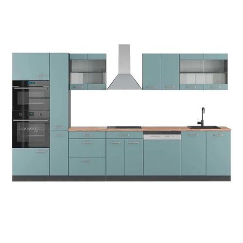 Cuisine R-Line, 350 Cm Avec Armoire Haute, Pt Chêne, Bleu-Gris/Anthracite, Vicco