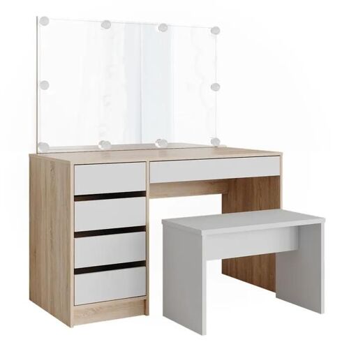 Vicco coiffeuse Sherry, Blanc/Sonoma, 120 cm avec éclairage LED et banc