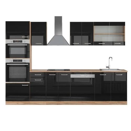 Cuisine R-Line, 300 Cm Avec Armoire Haute, Sans Plan De Travail, Noir Brillant/Chêne Doré, Vicco