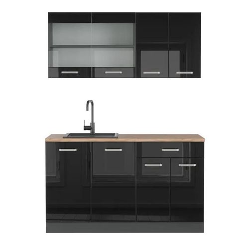 Cuisine R-Line, 140 Cm Sans Plan De Travail, Noir Brillant/Anthracite, Vicco