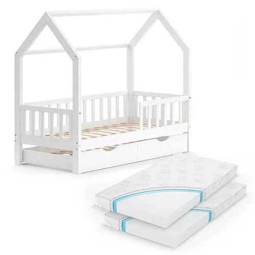 Lit Cabane Wiki, 80x160 Cm Avec Lit D'appoint Et 2 Matelas, Blanc, Vitalispa
