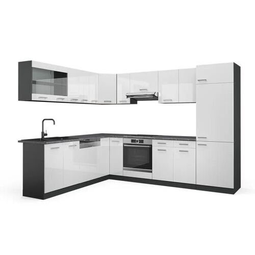 Cuisine en angle R-Line, 227 x 287 cm sans plan de travail, Blanc brillant/Anthracite, Vicco