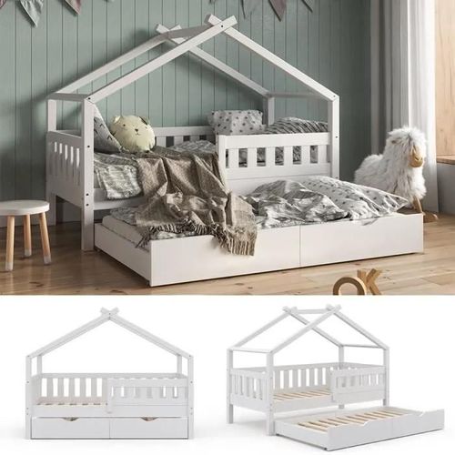Vitalispa Lit Enfant Design 160 X 80, Lit Bébé, Lit Cabane, Lit D?Appoint, Sommier À Lattes, Blanc