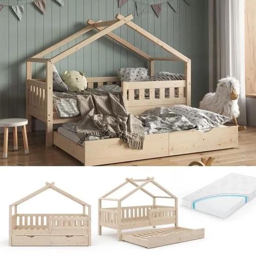 Vitalispa Lit Enfant Design 160 X 80, Lit Bébé, Lit Cabane, Lit D?Appoint, Matelas, Naturel
