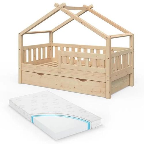 Vitalispa Lit Cabane Design, Naturel Bois, 80x160 Cm Avec 2 Tiroirs Et Matelas
