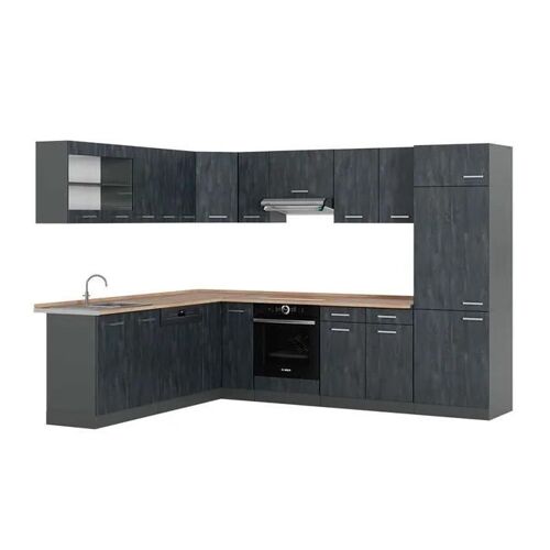 Cuisine en angle R-Line, 227 x 287 cm PT Chêne, Noir Béton/Anthracite, Vicco