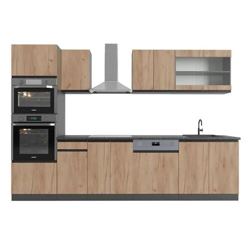 Cuisine R-Line, 300 cm J-Shape, avec armoire haute, sans plan de travail, Chêne doré/anthracite, Vicco