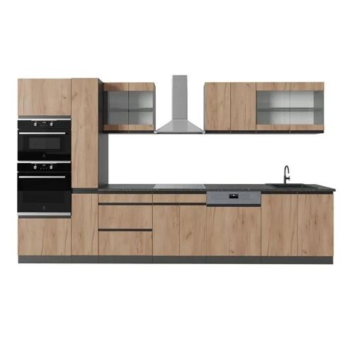 Cuisine R-Line, 350 cm J-Shape, avec armoire haute, sans plan de travail, Chêne doré/anthracite, Vicco
