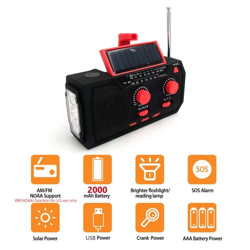 Lampe de lecture LED à énergie solaire AM/FM/WB, Bluetooth 5.0, Radio d'urgence, manivelle, pour Camping en plein air