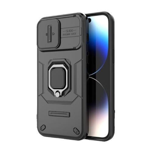 Coque pour iPhone 16 Pro,Couvercle Coulissant la Lentille Coque iPhone 16 Pro,magnetic ring Arrière de Téléphone Antichoc Dur - Noir