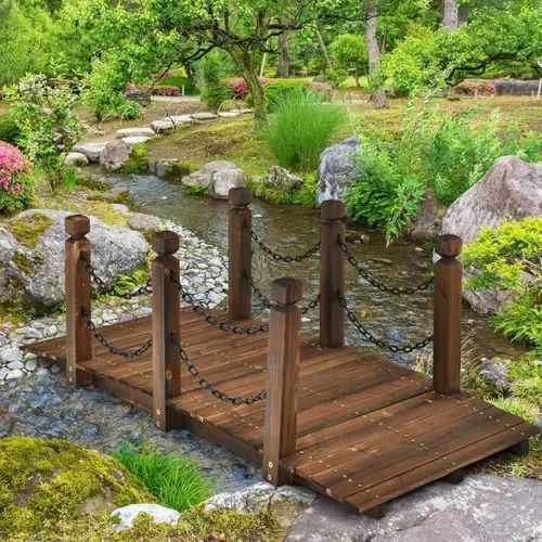 Costway Pont De Jardin En Sapin 150 X 67 X 55cm Carbonisé Avec Chaînes De Sécurité Pour Ruisseau, Jardin, Cour, Charge 225 Kg
