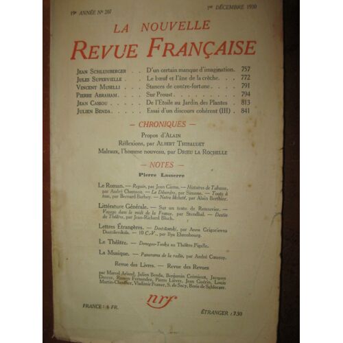 La Nouvelle Revue Française (1908-1943) N° 207 Décembre 1930