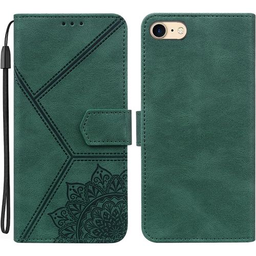 Coque Pour Iphone 8 / Iphone Se 2020 / Iphone Se 2022, Pu Cuir A Rabat Flip Housse Etui Pour Iphone 6 / Iphone 7 Avec Motif Dessin Mandala Fleur, Etui Case Antichoc Cover Portefeuille, Vert