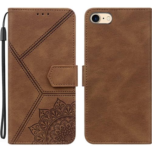 Coque Pour Iphone 8 / Iphone Se 2020 / Iphone Se 2022, Pu Cuir A Rabat Flip Housse Etui Pour Iphone 6 / Iphone 7 Avec Motif Dessin Mandala Fleur, Etui Case Antichoc Cover Portefeuille, Brun