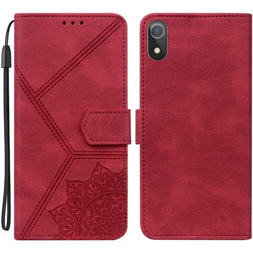Coque Pour Iphone Xr, Pu Cuir A Rabat Flip Housse Etui Pour Iphone Xr 6.1"" Avec Motif Dessin Mandala Fleur, Etui Case Antichoc Cover Portefeuille, Rouge