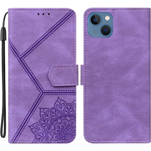 Coque Pour Iphone 13, Pu Cuir A Rabat Flip Housse Etui Pour Iphone 13 6.1"" Avec Motif Dessin Mandala Fleur, Etui Case Antichoc Cover Portefeuille, Violet