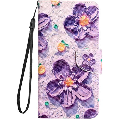Coque Pour Samsung Galaxy S22 Ultra 5g Housse Mignonne Design Motif Dessin Coque Pu Etui En Cuir Portefeuille Flip Case Pour Galaxy S22 Ultra 5g Etui A Rabat Antichoc Cover, Fleur Mauve