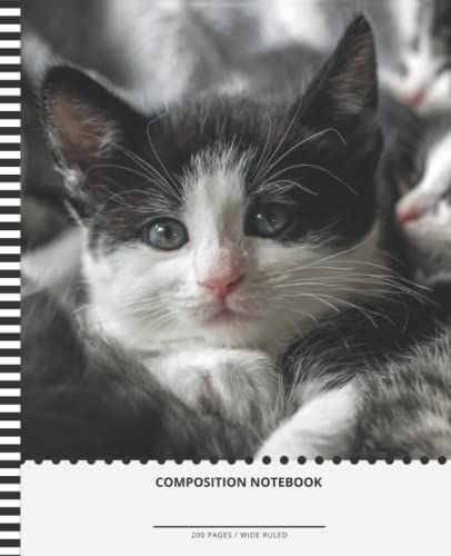 Tuxedo Kitten Composition Notebook: 7.5 X 9.25 Inch / 200 Pages (100 Sheets) / Wide Ruled Paper For Writing - Homework - Notes - Doodles - Homeschool ... Kids / Black White Cat - Baby Animal Photo