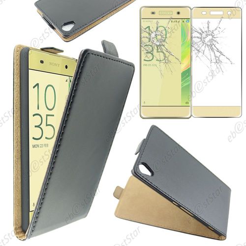 Ebeststar ® Pour Sony Xperia Xa, Xa Dual - Housse Coque Etui En Pu Cuir À Rabat Ultra Fine (Slim Case) + Film Protection Écran En Verre Trempé, Couleur Noir