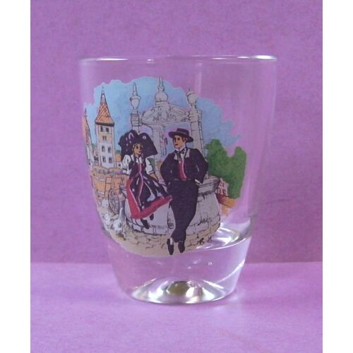 Ancien Verre À Liqueur  Motif " Couple Alsacien Avec Oies, Charrette, Kiosque ... - Dessin Signé A. E. - (Verre  De 3 Cl Env.) - France