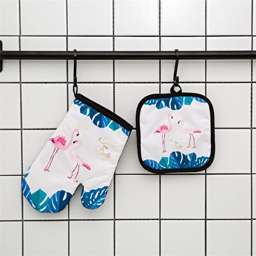 Ensemble de 2 gants de four à micro-ondes en Polyester épais, imprimés de flamand rose + coussin isolant, outils de cuisson de cuisine
