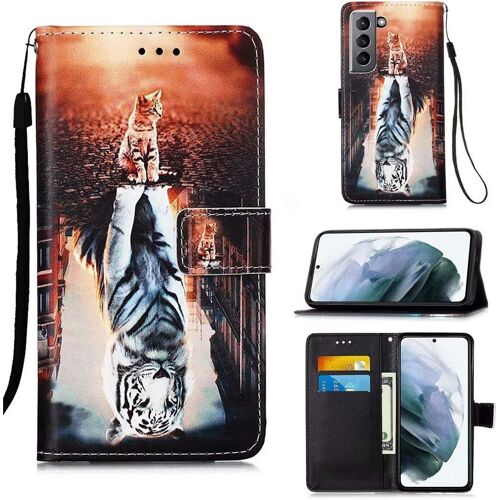 Coque Pour Samsung Galaxy S21 5g Housse Image 3d Etui En Cuir Pu Portefeuille Coque Fente Carte Fermeture Magnetique Flip Bequille+Protecteur D'ecran 1 Pcs (Chat Et Tigre)