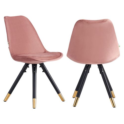 Chaise Scandinave En Velours Rose - Rembourrée - Pieds Obliques En Bois - Salle À Manger, Cuisine Ou Salon
