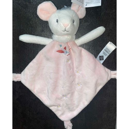 DOUDOU SOURIS TEX BABY MOUCHOIR ROSE BLANC FLEURS OISEAU PELUCHE JOUET BEBE NAISSANCE