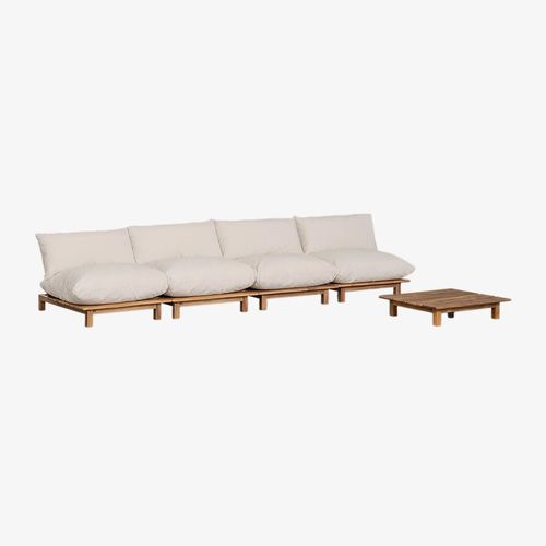 Canapé De Jardin Inclinable Modulaire 4 Pièces Avec Table Basse En Bois D'acacia Brina Beige Crème