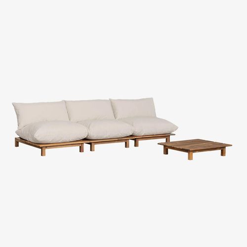 Canapé De Jardin Inclinable Modulaire 3 Pièces Avec Table Basse En Bois D'acacia Brina Beige Crème