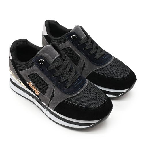 Baskets Femme Ps083 Talon Flatform Avec Garnitures En Cuir Suédé Noireu