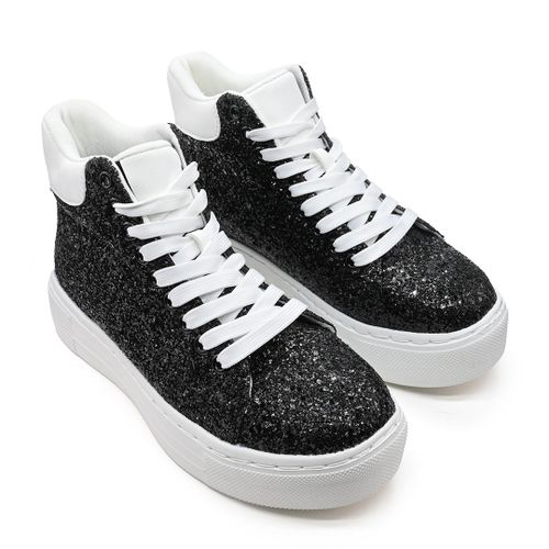 Baskets Femme Talons Hauts En Cuircologique Ps085 Glitter Noir Avec Blanceu