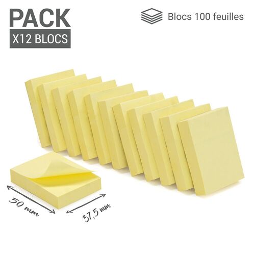 Notes Autocollantes Pack De 1200 Feuillets Adhésif Repositionnables Soit 12 Mini Blocs De 100 Feuilles 3,75 X 5 Cm Jaune