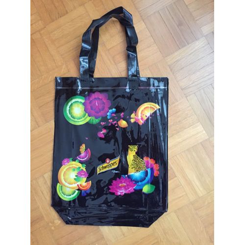Sac Shopping Porté Main Schweppes Pvc Noir Avec Fruits Et Fleurs Multicolores