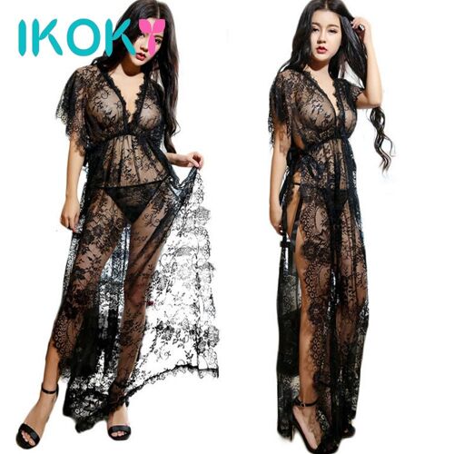 Vêtements Exotiques, Robe Longue À Col En V Profond, Vêtements De Nuit En Dentelle Noire + Strings, Lingerie Sexy, Fente Latérale, Lingerie Érotique