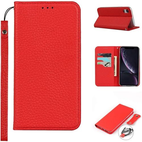 Copmob Iphone Xr Coque,Premium Cuir Veritable Flip Portefeuille Etui En Cuir,[3 Fentes][Fermeture Magnetique],Coque Housse Etui Pour Iphone Xr - Rouge
