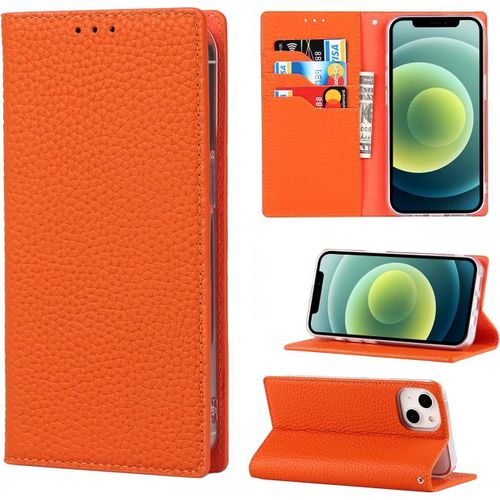 Coque Iphone 13 Avec Cordon,Etui Iphone 13,Cuir Veritable Flip Portefeuille Etui En Cuir,[3 Porte Cartes][Magnetique][Rfid Blocker],Housse Case Protection Etui Pour Iphone 13 - Orange