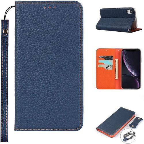 Copmob Iphone Xr Coque,Premium Cuir Veritable Flip Portefeuille Etui En Cuir,[3 Fentes][Fermeture Magnetique],Coque Housse Etui Pour Iphone Xr - Bleu Fonce