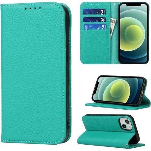 Coque Iphone 13,Flip Cuir Veritable Portefeuille Etui En Cuir,[4 Fentes][Fermeture Magnetique][Laniere],Clapet Housse Etuis A Rabat Pour Iphone 13 - Bleu Ciel