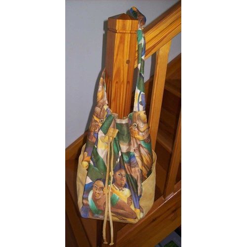 Sac Fourre-Tout Motif Polynésien. Cuir Et Tissu