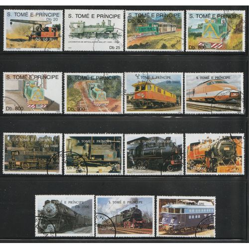 Lot De 15 Timbres Sao Tomé E Principe Oblitérés, Thème: Locomotives, Trains.