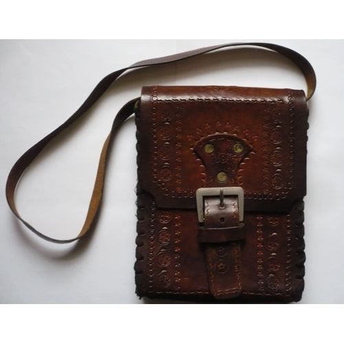 Sac À Bandoulière Artisanal Vintage En Cuir - Années 70 -