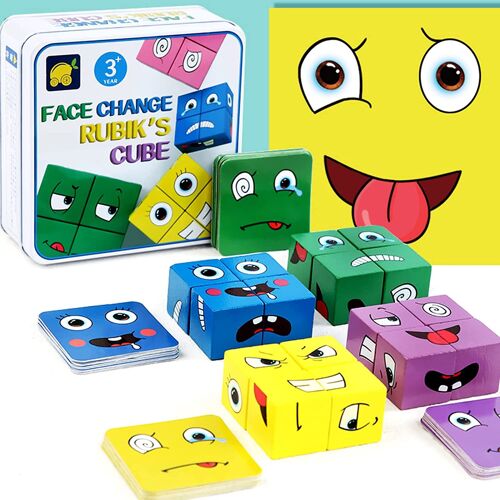 Puzzle de Expression Emoji Cubes en Bois, Interactif Emoji Bloc Jeux Cube de Construction IQ Puzzle de Visage pour Bébé