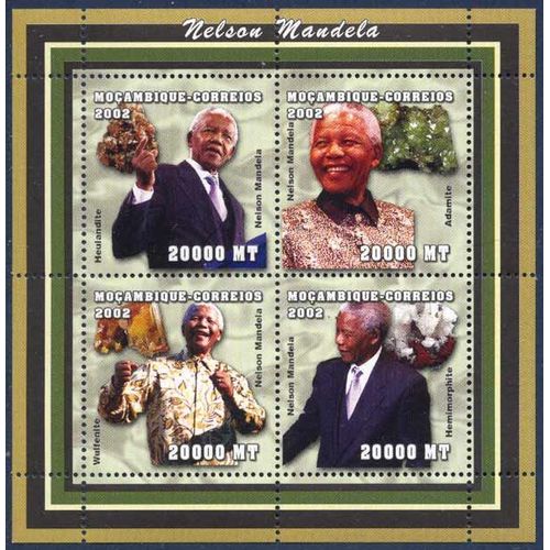 Bloc De 4 Timbres Mozambique - Nelson Mandela Et Minéraux