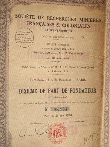 Société De Recherches Minières Françaises & Coloniales 1928 Paris (Mines De Sidi Mafa) Dixième De Part Au Fondateur